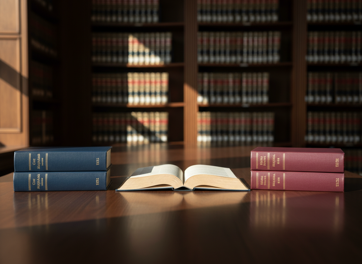 A meticulously organized appellate law library table featuring a single open case reporter with fine, cream-colored pages and crisp black serif text, flanked by neatly stacked navy and burgundy law volumes stamped in gold with “Court of Appeals” and “Federal Reporter.” The table is a dark, matte-finished walnut surface, reflecting soft highlights. In the background, tall shelves of bound legal treatises fade into a tasteful blur. Gentle late-afternoon natural light filters through unseen windows, casting refined, elongated shadows. Photographic realism at eye level with a shallow depth of field creates a sophisticated, calm atmosphere appropriate for a high-end appellate law firm’s homepage hero image.